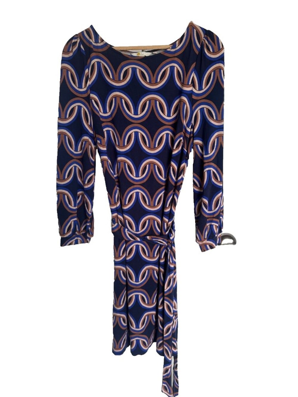 Boden Womens US 12R Navy Geometric Jersey Dress Fabric Tie Long Sleeve Stretch